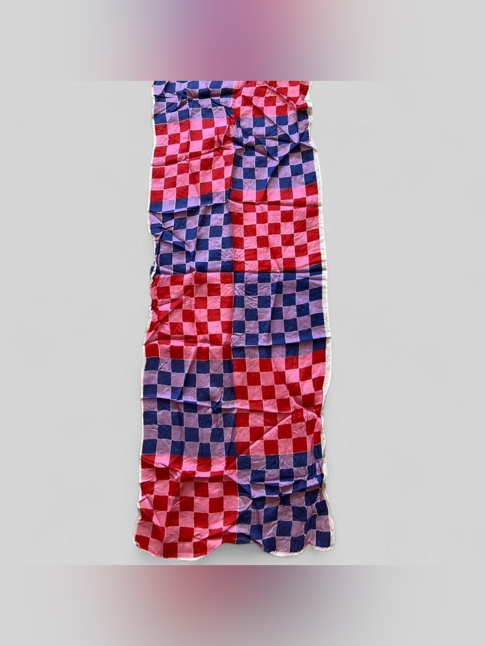Vintage rare 70s checkered colorblock oblong scarf pink red purple blue 15x43